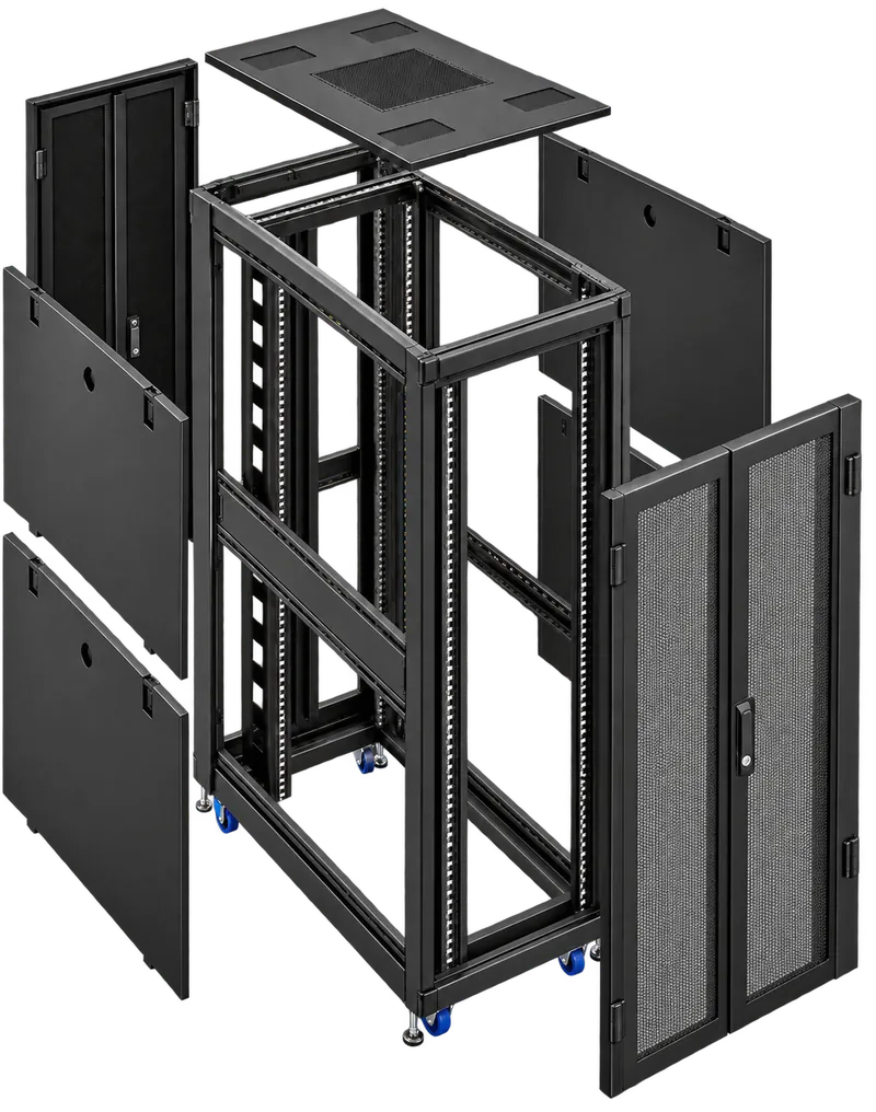 Các cấu kiện tách rời của tủ U-Series: khung modular-grid, cửa lưới, nắp hông hai phần, nóc