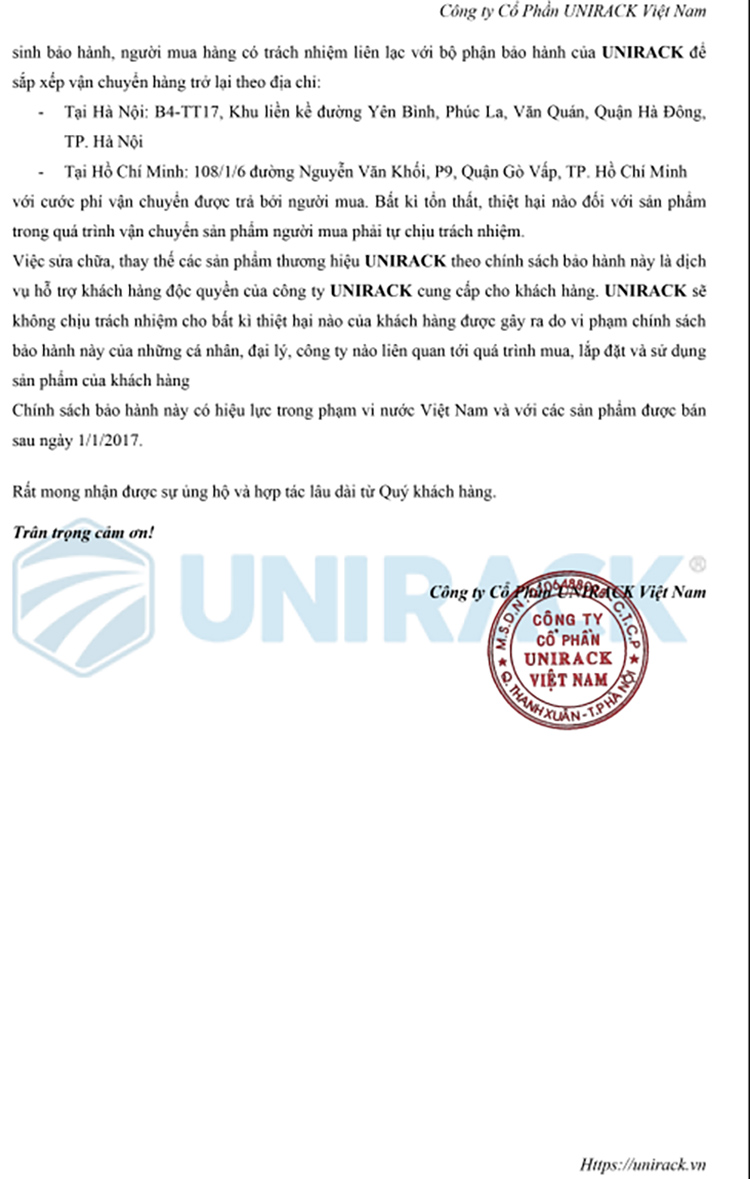 Chính sách bảo hành tủ rack, tủ mạng Unirack Việt Nam Chính sách bảo hành tủ rack, tủ mạng Unirack Việt Nam