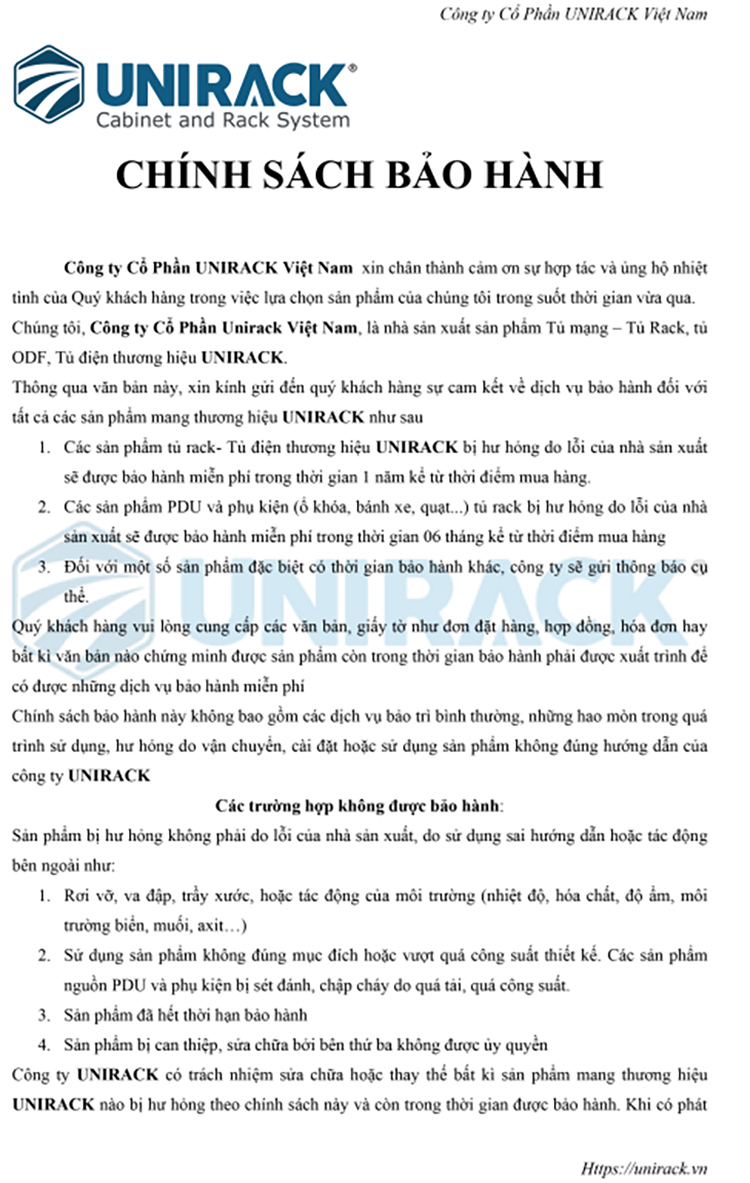 Chính sách bảo hành tủ rack, tủ mạng Unirack Việt Nam Chính sách bảo hành tủ rack, tủ mạng Unirack Việt Nam