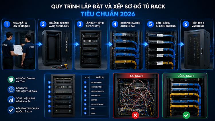 Quy trình lắp đặt và xếp sơ đồ tủ rack tiêu chuẩn 2026
