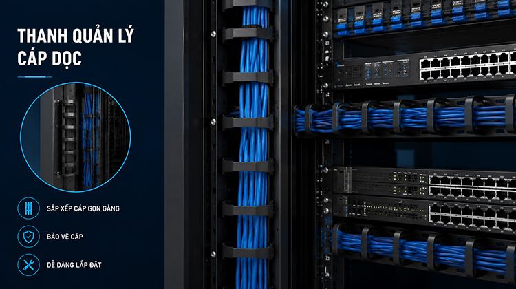 Thanh quản lý cáp dọc, tối ưu không gian cáp bên trong tủ rack