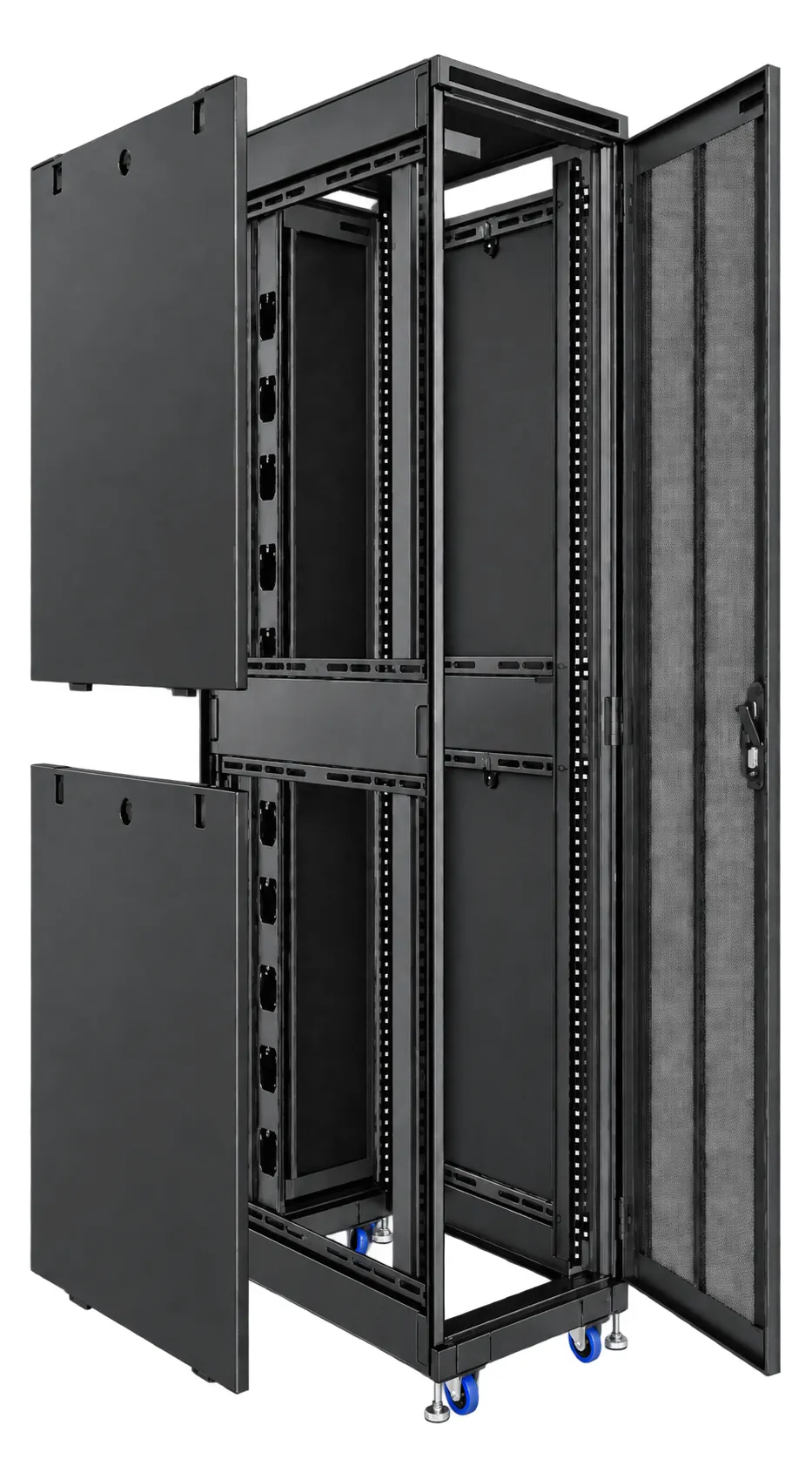 Bên trong Tủ rack U-Series 32U W600 D600: tháo nắp hông hai phần, thấy thanh tiêu chuẩn đánh số U và khoang thiết bị
