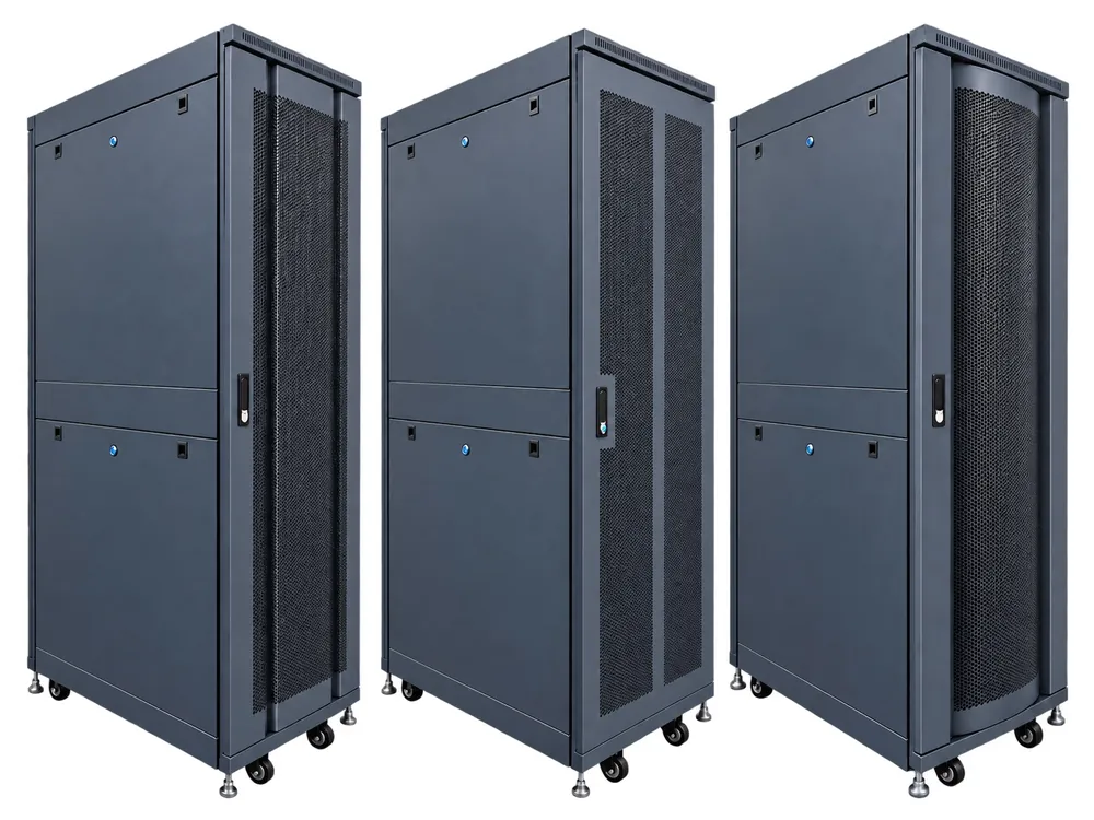 Ba kiểu cửa lưới có thể chọn cho Tủ rack U-Series 32U W600 D600: lưới gân nổi, lưới phẳng hai ô, lưới cong