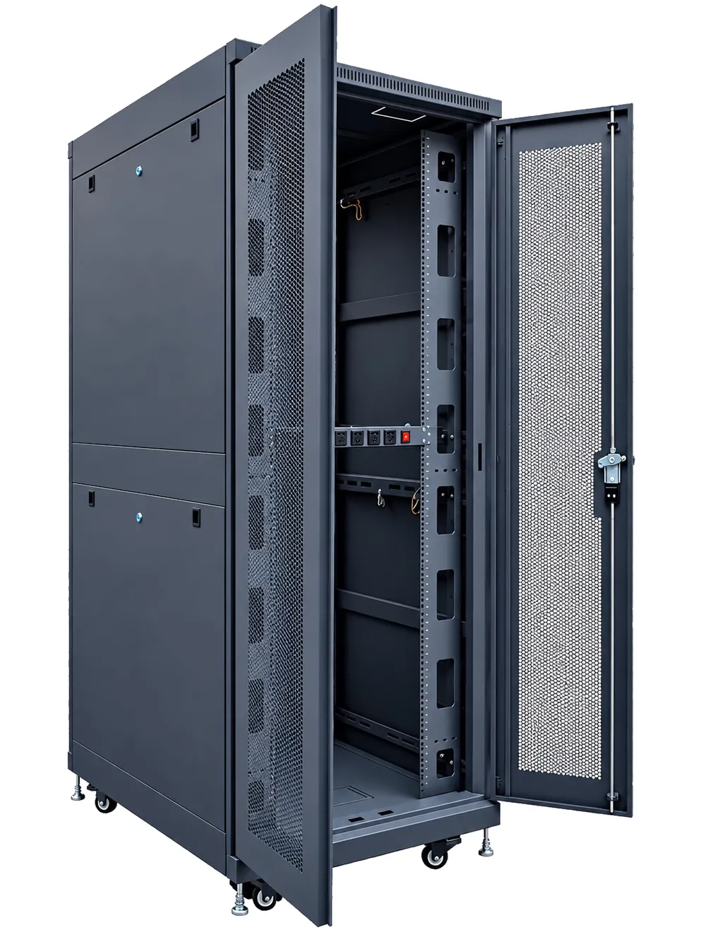 Tủ rack U-Series 32U W800 D600 mở hai cánh cửa lưới: lối vào khoang thiết bị rộng, mặt trong cửa đột lỗ tổ ong