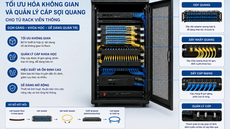 Tối ưu hóa không gian và quản lý cáp sợi quang cho tủ Rack viễn thông